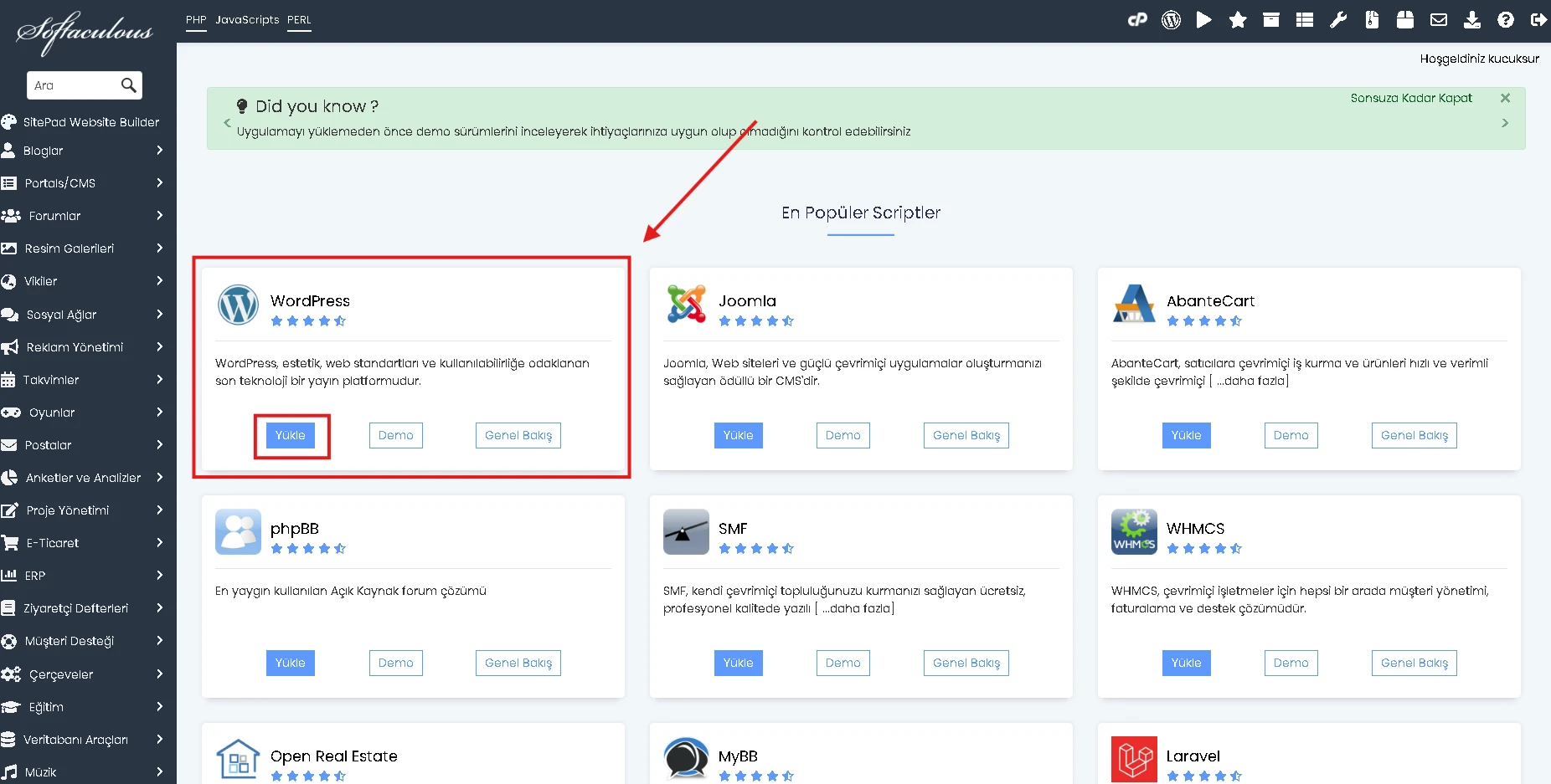 Softaculous ile WordPress