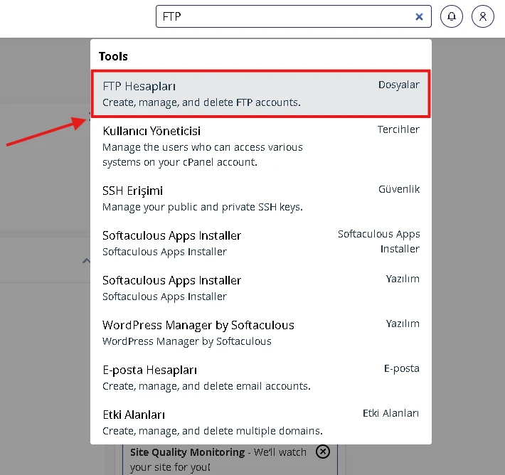 cPanel’de FTP hesapları