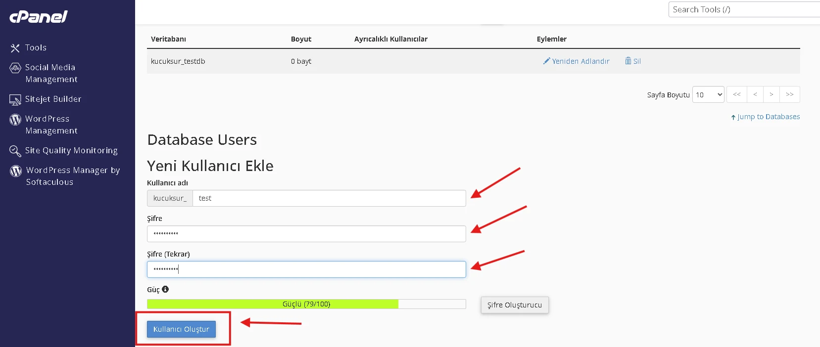 cPanel üzerinden MySQL veritabanı ve kullanıcı oluşturma