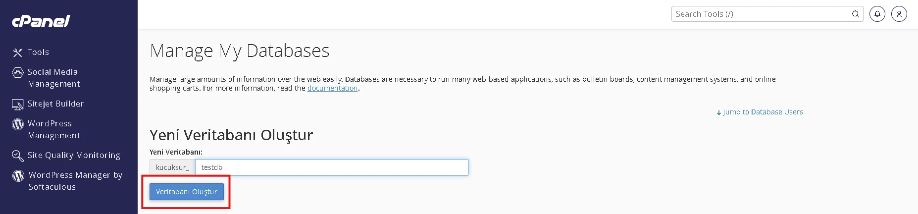 cPanel üzerinden MySQL veritabanı ve kullanıcı oluşturma