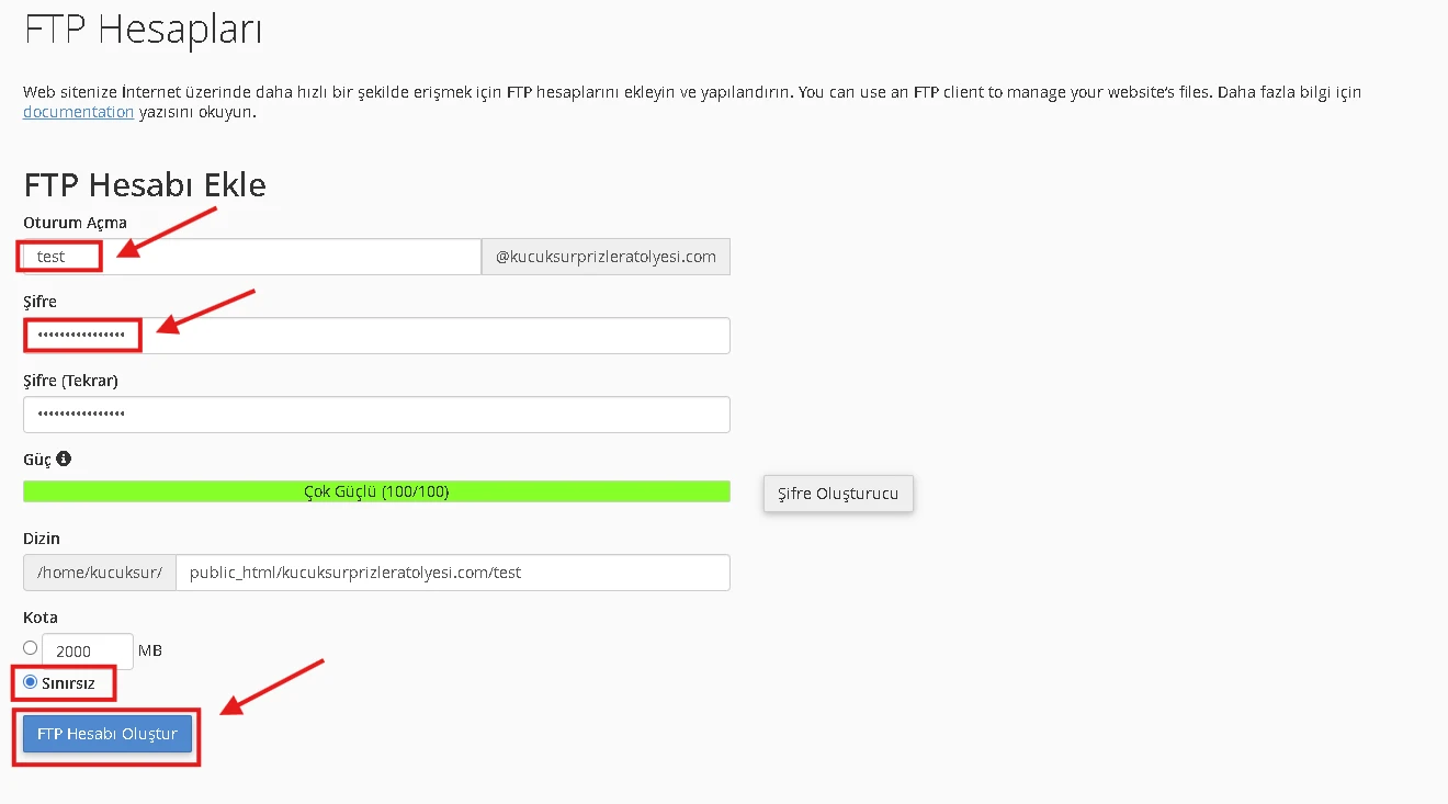 cPanel’de FTP Hesabı Oluşturma