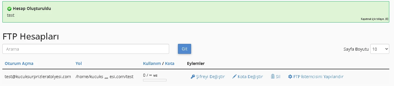 cPanel’de FTP Hesabı kotası