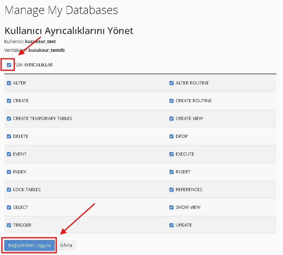 cPanel üzerinden MySQL veritabanı ve kullanıcı oluşturma