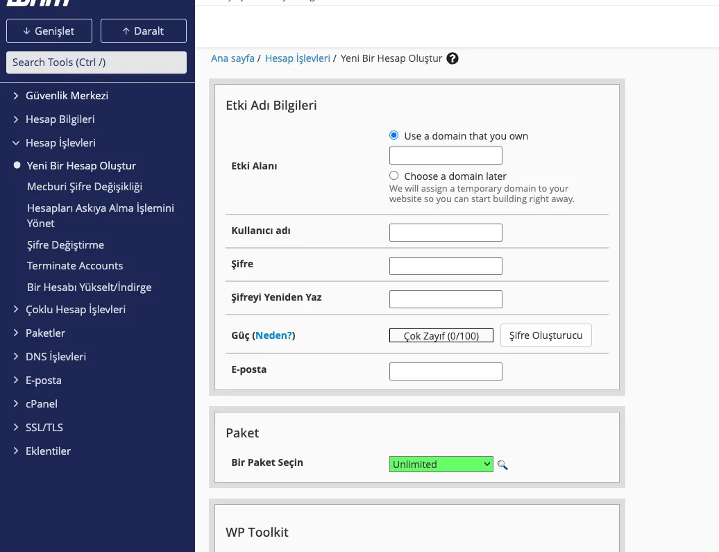 WHM panel üzerinden hosting hesabı oluşturma