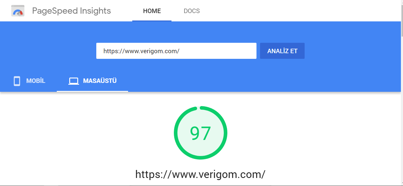 Google PageSpeed Site Hız Testi Sonucu